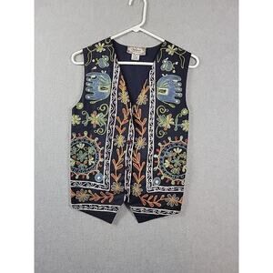 Vintage Sophisticates 100% Cotton Navy Embroidered Button Up Vest Women's Small